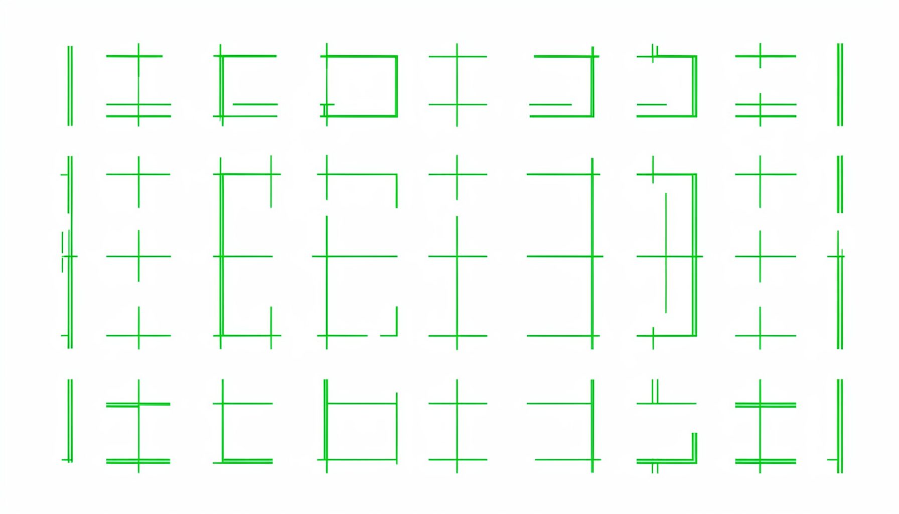A minimal line drawing of a grid of box-drawing character shapes: horizontal and vertical single and double lines, corners, T-junctions, and cross intersections, rendered as thin black outlines on white