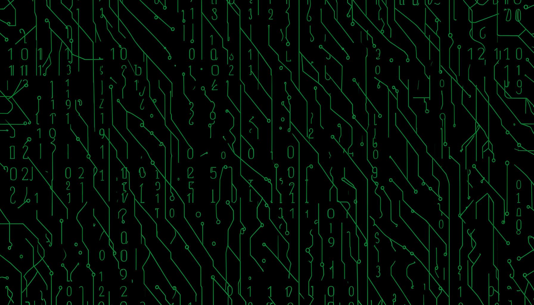 Dark abstract pattern of faint binary digits and circuit-like lines on a near-black background, subtle green tint