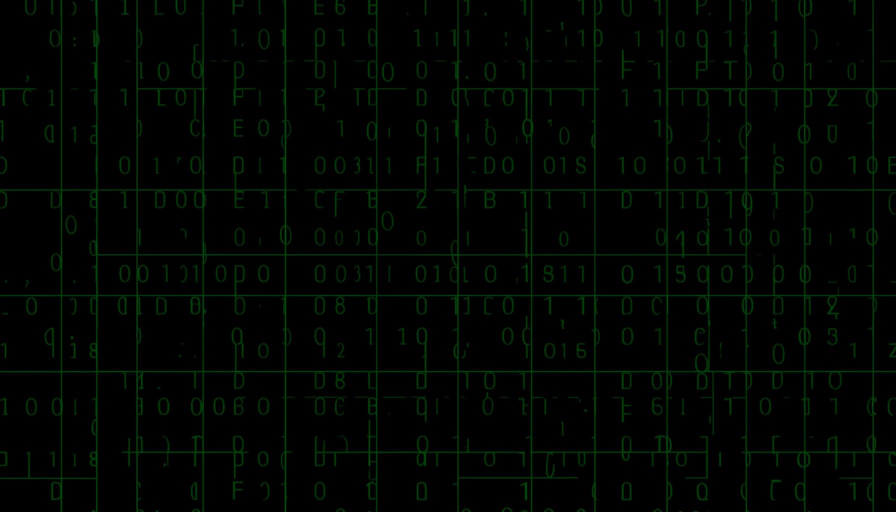 Dark abstract pattern of faint binary digits and grid lines on a black background, subtle green tint