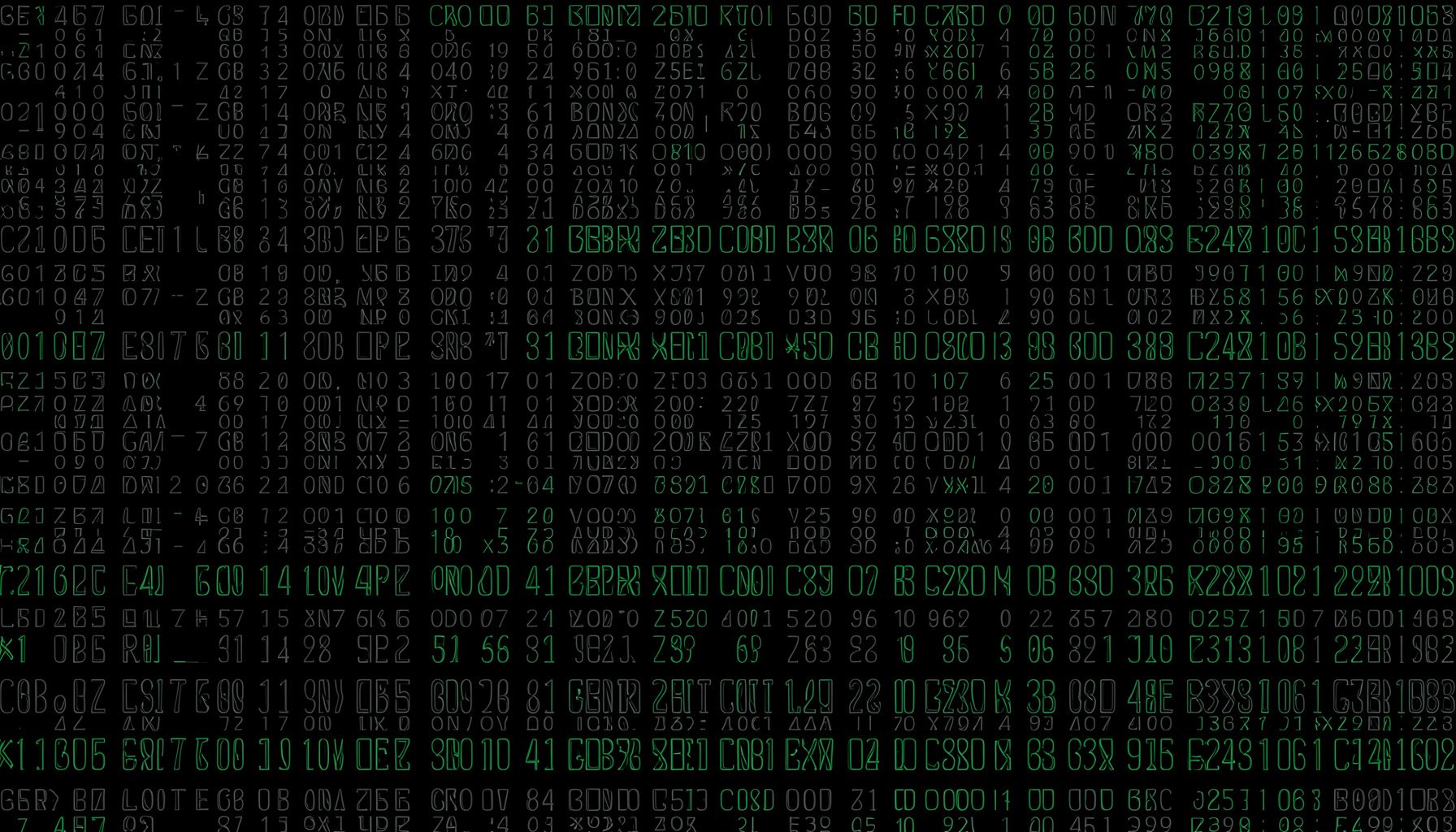 Dark abstract pattern of faint hexadecimal digits and memory address columns in muted gray on black