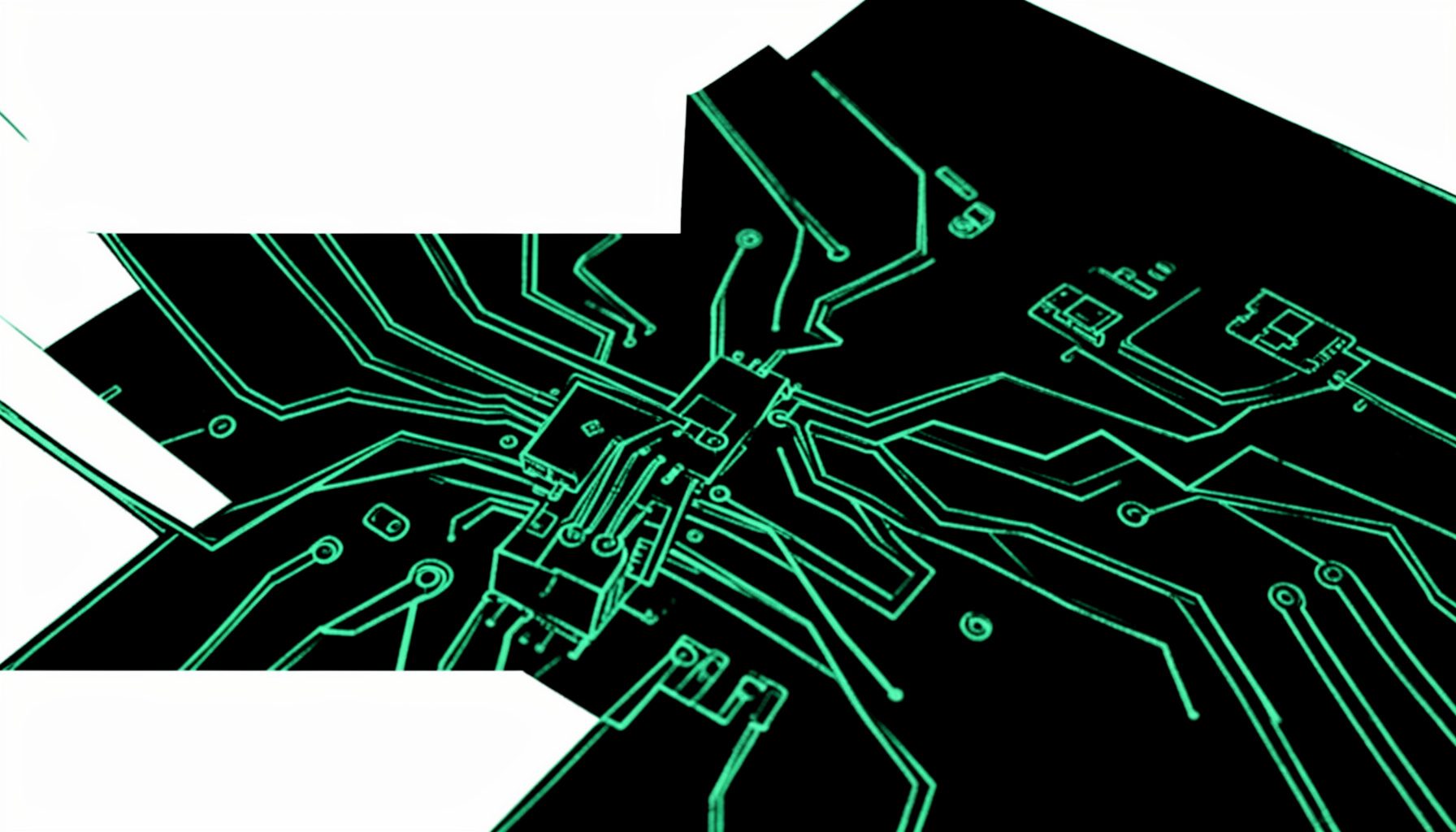 Dark atmospheric close-up of vintage computer circuitry with subtle green trace lines, moody and technical