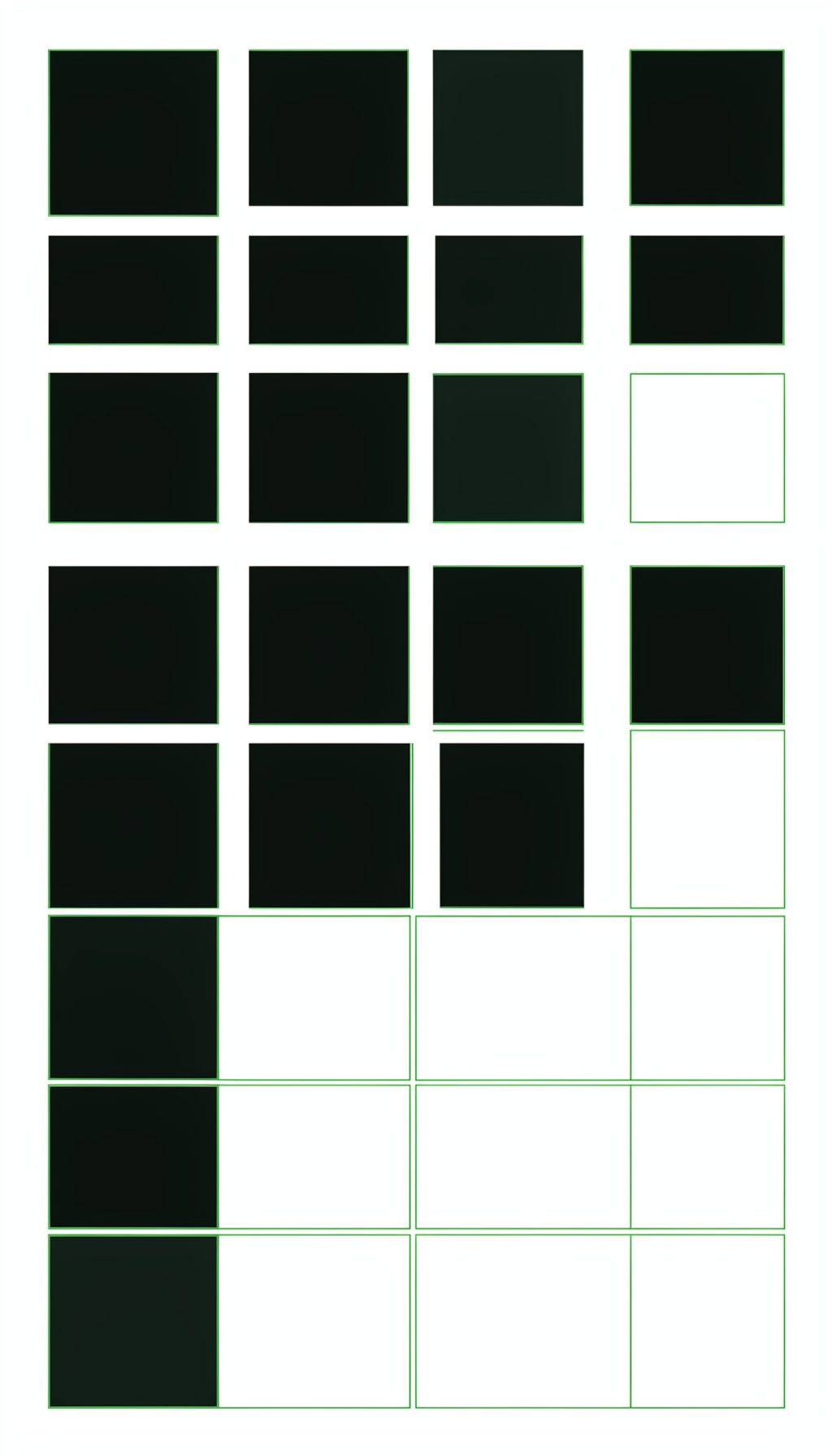 Dark charcoal abstract swatches suggesting a color palette grid