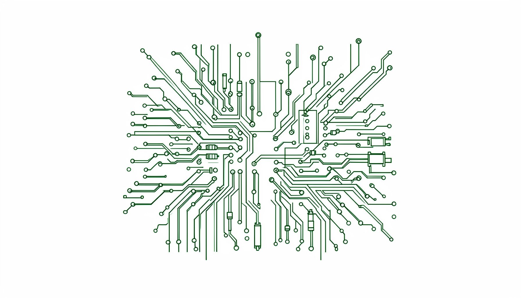 Dark monochrome line drawing of densely packed circuit traces and chip outlines, evoking low-level hardware