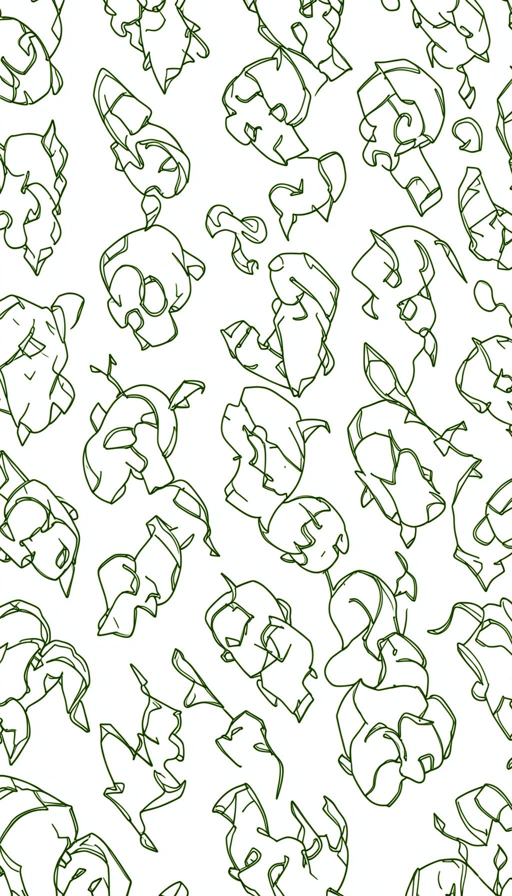 Dark olive abstract pattern of line-drawing character shapes, subtle and technical