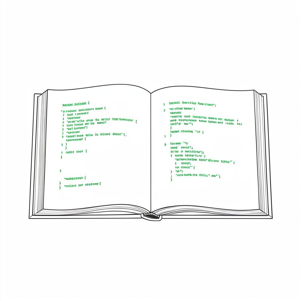Minimal line drawing of an open technical reference book with code listings on the pages, in dark charcoal on light gray