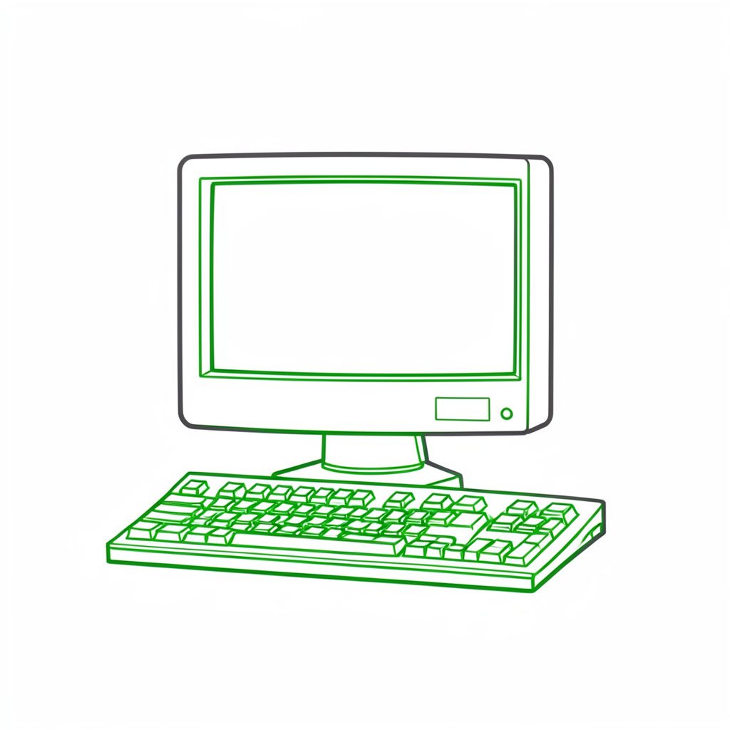 Simple line drawing of a classic desktop computer monitor with a keyboard, dark gray outlines on white, retro computing feel