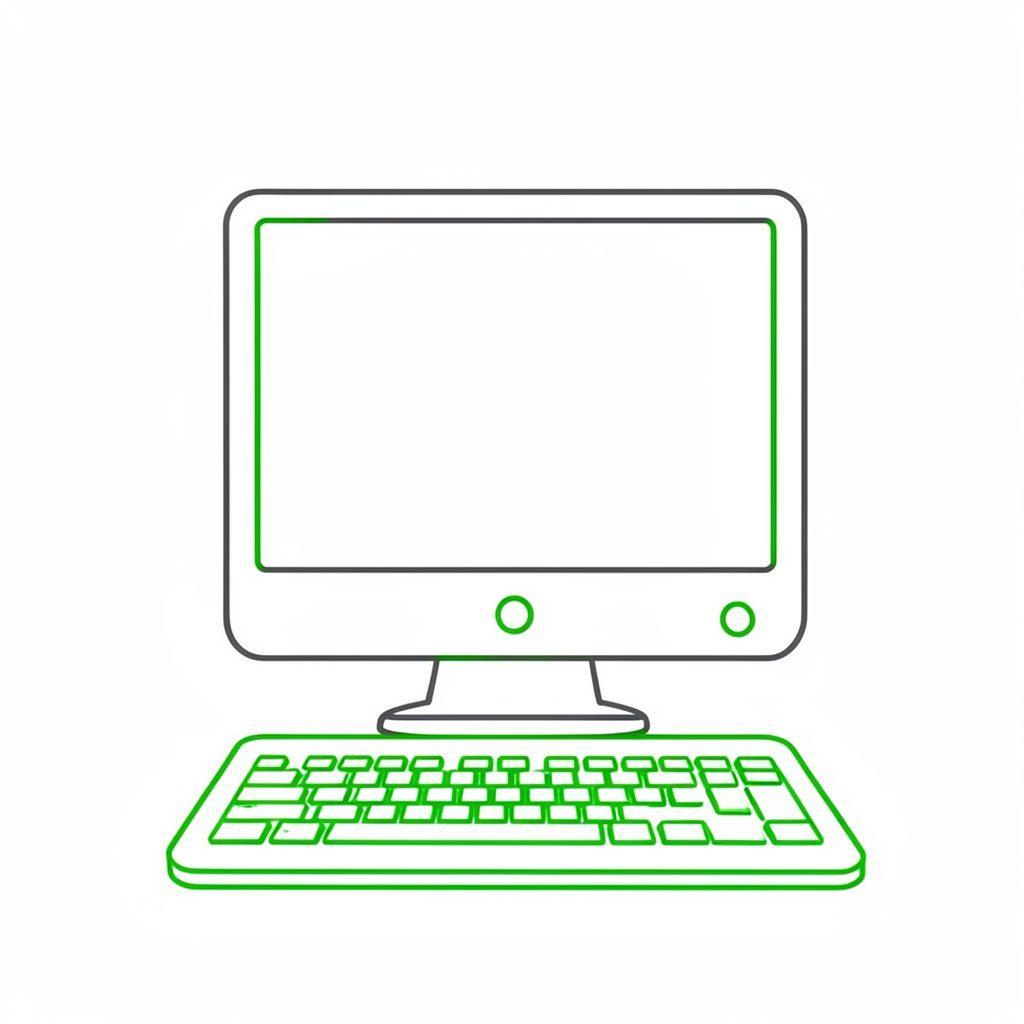 Simple line drawing of a classic desktop computer monitor with a keyboard, dark gray outlines on white background