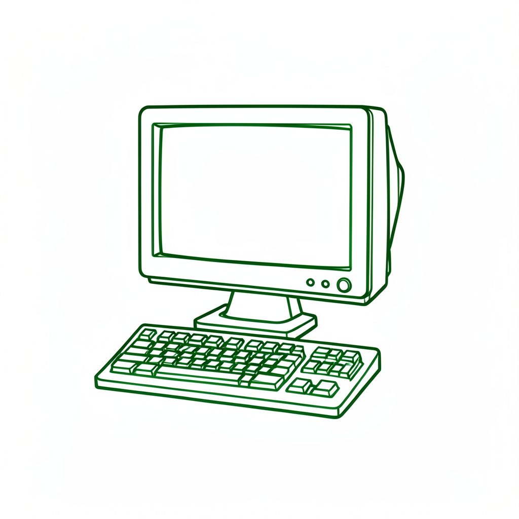 Simple line drawing of a vintage desktop computer monitor with a keyboard, dark outline on white, retro computing feel