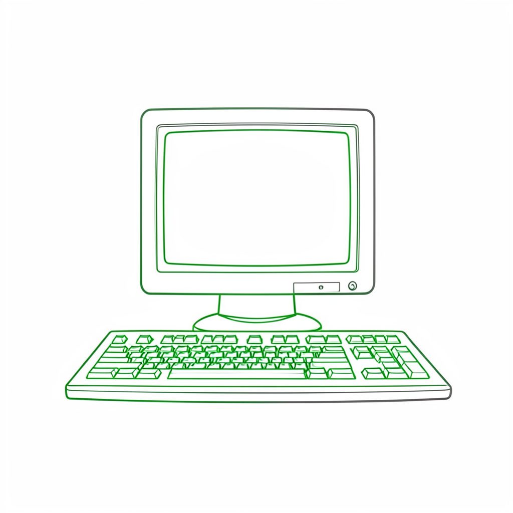 Simple line drawing of a vintage desktop computer monitor with a keyboard, in charcoal gray on white