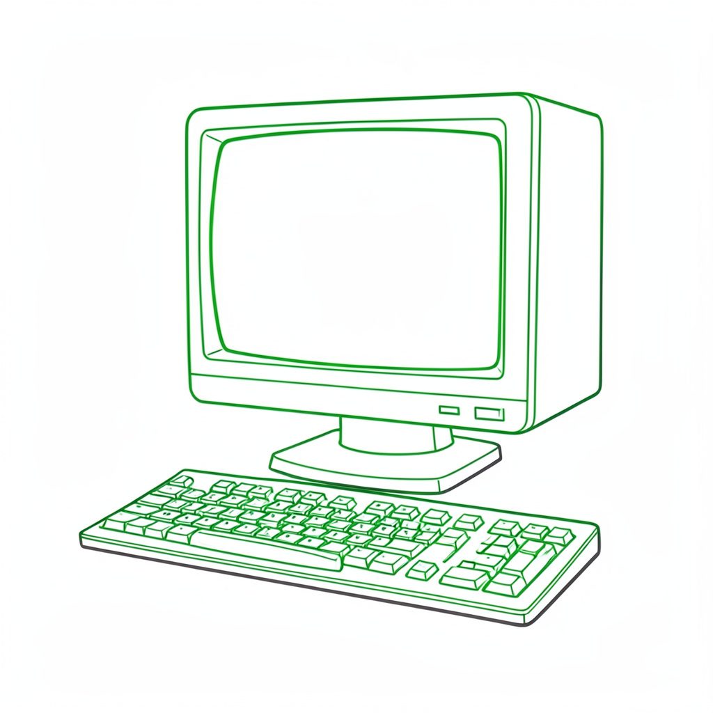 Simple line drawing of a vintage desktop computer monitor with a keyboard, dark gray outlines on white background